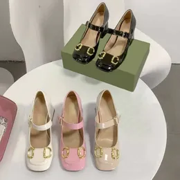 With box women Horsebit Dress Shoes Patent Leather Mary-Jane Heels with pin-buckle strap Apricot Black Pink White Square-headed thick heel Shallow mouth Sandals