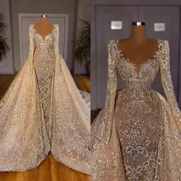 2023 Champagne Evening Dresses Long Sleeves Mermaid Overskirt Sweep Train Lace Applique Beaded Satin Plus Size Pleats Prom Gown Formal Custom vestidos