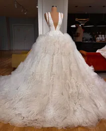 Luxus-Ballkleid-Hochzeitskleider, ärmellos, V-Ausschnitt, Träger, Pailletten, Applikationen, Perlen, Rüschen, hohl, geschichtet, Brautkleider, Übergröße, nach Maß, Vestido de Novia