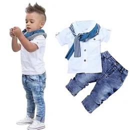 Sommermode Baby-Jungen-Sets Kinder-Set aus Hemd, Schal, Jeans, 3-teiligem Kinderkleidungs-Jungenanzug243r