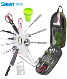 Camp Kitchen Utensil Organizer Travel Set Portable 17 Piece BBQ Camping Cookware Utensils Kit with Water Resistant Case3580884