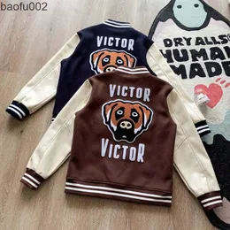Herrjackor Human gjorde Victor Coar Autumn Winter Victor Dog American Vintage Leather Sleeve Baseball Jacket L230216