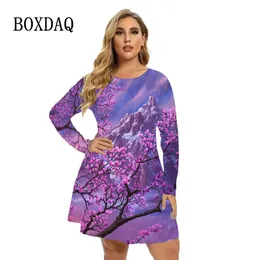 Sukienki plus size vintage scenerie 3D Sukienki z nadrukiem Kobiety z długim rękawem jesienna sukienka zimowa luźna swobodna naturalna sukienka sceneria plus size 5xl 6xl 230216