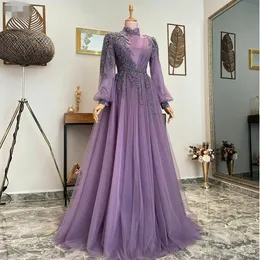 Abiti da sera musulmani viola lunghi di lusso 2023 che bordano pizzo a-line in tulle abiti da ballo per le donne abiti da festa formali con maniche