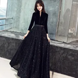 Ethnic Clothing V-neck Sequins Chinese Oriental Wedding Female Long Sleeve Cheongsam Vintage Evening Dress Elegant Celebrity Banquet Dresses