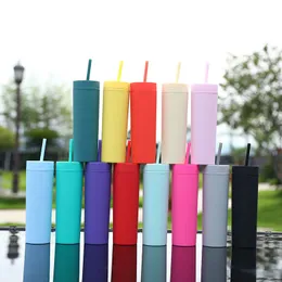 16 oz Akrilik Sıska Tumbler Mat Renkli Akrilik Tumbler Kapak ve Pipetli Çift Duvar Plastik Tumbler Ücretsiz Saman Yeniden Kullanılabilir Kupa 09