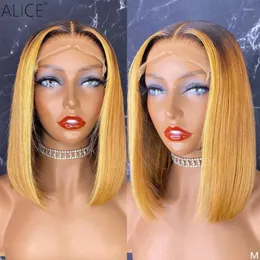 Ombre Bob T-Part Lace Frente Human Hair Wigs Cambop Top Fechamento com Baby 130%Densidade Não Remy Parte para Mulheres