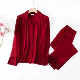 Damen-Nachtwäsche, rote Spitze, Netzstoff, Damen-Pyjama, Turndown-Kragen, Langarm, Freizeithose, 2-teiliges Set, Damen-Nachtanzug-Sets, Nachtwäsche