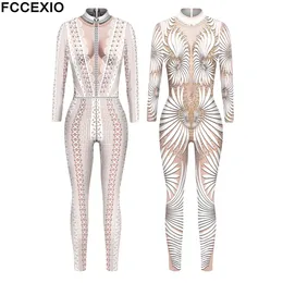 Women's Jumpsuits Rompers FCCEXIO Lace Sequins Pattern 3D Printed Cosplay Costume Sexy Jumpsuit Bodysuit Adult Carnival Party Clothing S-XL monos mujer 230215