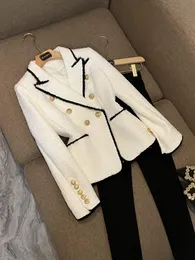 Spring Contrast Trim Tweed Blazers White Contrast Color Long Sleeve Notched-Lapel Fringe Panelled Double-Breasted Outwear Coats O3F152332