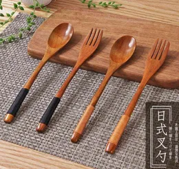 Japanesestyle Longa alça de madeira Dinner Foup Fork com talhas portáteis Utensílios de cozinha portáteis de viagem Y2205303070795