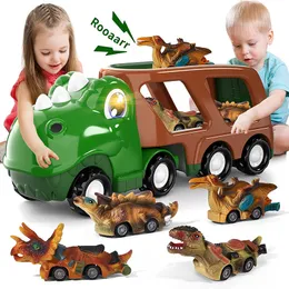 Drums Percussion Kids Dinosaur Transport Truck Toy Pull Back Cars com voz mecânica Tyrannosaurus Rex Modelo de contêiner brinquedos para Christma Gifts 230216