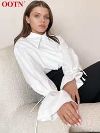 Kvinnors blusar skjortor ootn office lady white women blus elegant vridning krage långärmad snörning skjorta kvinnlig lös vår casual koreansk 230215