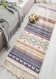 Tapijten retro Boheemse hand geweven katoenen linnen tapijt tassel tapijt geometrische vloer mat slaapkamer tapijt tapijt Decoratief dekengebied8377532