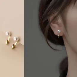 Studörhängen 925 Sterling Silver Trend Statement Synthetic Pearl Ear Hook Korean Söt tonåring Dagliga örhängen smycken Kvinnor Tillbehör