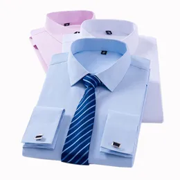Camisas de vestido masculinas clássicas de manga longa francesa sem bolso smoking machos camisa com abotoaduras de abasto de festas formais brancas azul 230216