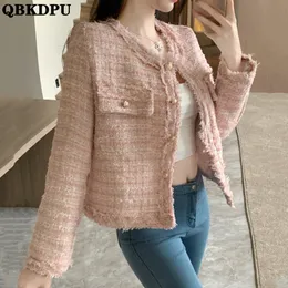 Damenjacken Frühling Rosa abgeschnittene Tweedjacke Frauen Design Chic Mantel Elegante Streetwear Kurze Outwear Einreiher Quasten Chaquetas 2023 230215