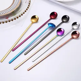 Dinnerware Sets 5pcs Round Head Long Handle Spoon Colorful Stainless Steel Spoons Flatware Drinking Tools Kitchen Gadget Coffee Fruit