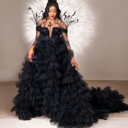 2023 Arabic Aso Ebi Black A-line Prom Dresses Beaded Feather Tiers Evening Formal Party Second Reception Birthday Engagement Gowns Dress ZJ885