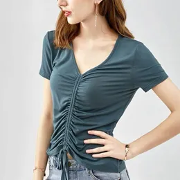 Kadınlar Blouses 2023 Yaz Kısa Kollu Seksi V-Neck Örme Modal Pamuk T-Shirt Pileli Çizme Kravat İnce Üstler Siyah Beyaz Kırmızı Mavi