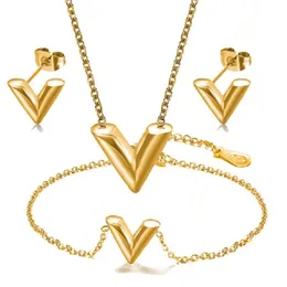 Fashion Brand V Letter Earrings Pendant Necklace Set For Woman Stainless Steel 18K Gold Plated Necklace Luxury Jewelry Female Costume Accessories Jewelry