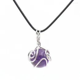 Anhänger Halsketten FYSL Versilberte Wire Wrap Runde Perle Amethysten Stein Seil Kette Halskette Klarer Quarz Schmuck