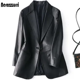 Womens Leather Faux Leather Nerazzurri Spring Autumn Black Leather Blazer Women Single Button Slim Fit Designer Womens Leather Jackets and Coats 5xl 6xl 7xl 230216