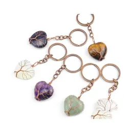 Key Rings Retro Handmade Tree Of Life Heart Natural Stone Healing Crystal Quartz Keychain Keys Chain Ring Drop Delivery Jewelry Dhtdt