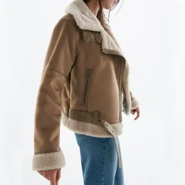 여자 재킷 ayualin lapel 지퍼 포켓 겨울 코트 2023 빈티지 따뜻한 단단한 느슨한 재킷 아웃복 패션 긴 소매 모피