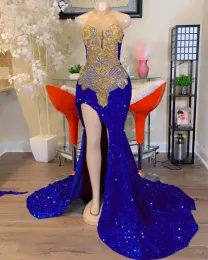 Sexy Blackless Mermaid Prom Kleider Royal Blue Pailletten Gold Beads Plus Size Formal Evening Occoison Kleider Robe de Soiree Mitte gemacht