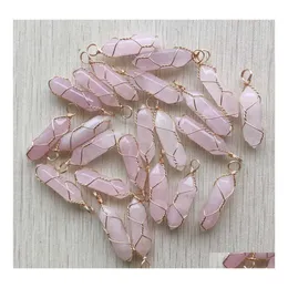 Charms Healing Natural Pink Rose Quartz Stone Crystal Handmade Gold Iron Wire Pillar Shape Pendants For Jewelry Making Drop Delivery Dhguj