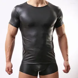 Męskie koszulki elastyczna farba sztuczna skóra seksowna ciasne koszulki męskie koszulki z rękawami mięśni Tops Błyszczące szczupłe ubranie czarne
