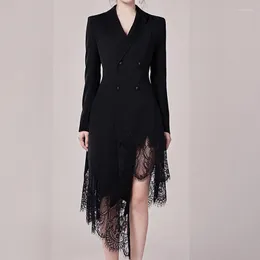 Casual Dresses Black Sexy Lace Patchwork Double Breasted Suit Dress Office Lady Fashion Party Blazer Evening For Women 2023