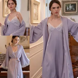 Nedime Elbise Dantelli Özel Yapımı V yaka uzun kollu iki parçalı Nightdress Bathgown Design 2023