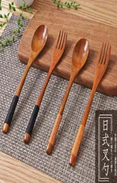 Japanesestyle Longa alça de madeira Dinner Foup Fork com talhas portáteis Utensílios de cozinha portáteis de viagem Y2205305444247