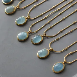 Anhänger Halsketten Damen Schmuck Geschenk Edelstahl vergoldet Perlen Kette Vinatge Oval Aquamarin Stein Anhänger Halsketten für Frauen 230215