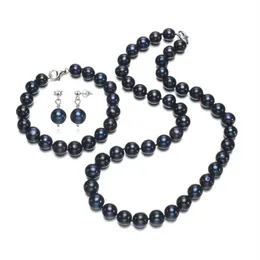 Collares de cuentas Fashion Luxury Black Pearl Parl Pendiers Pulseras Juego de regalo 8-9 mm fuera redonda de gran tama￱o real Real agua dulce joyas de perlas
