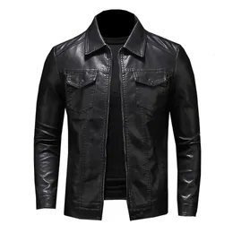 Men's Fur Faux motorcycle leather jacket large size pocket black zipper lapel slim fit Male spring and autumn high quality PU Coat M5XL 230216