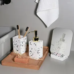 Badtillbehör Set Home Creative Terrazzo Lotion Bottle Water Cup Makeup Mirror toalettborste fyrdelar badrumstillbehör