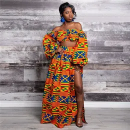 Vestido de duas peças vestidos africanos para mulheres outono 2 peça lady lady manga cheia ombro do festher dashiki split saias de split cedas Africna roupas 230216