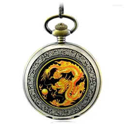 Pocket Watches Antique Skeleton Mechanical Hand Wind Flip Double Display Fob Black Men's Dragon Totem Pendant Gift