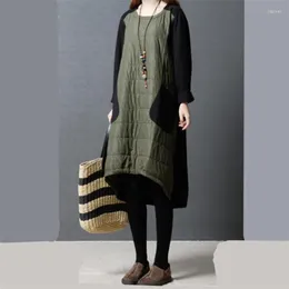 Casual Dresses 2023 Autumn Russian Women Long Parkas Fashion Patchwork Winter Velvet Coat med fickor Outwear Vintage Jackets