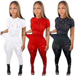 2023 Designer Tracksuits Summer Two Piece Set Womens Outfits Ripped Sprot Swear Short Sleeve Pullover T-shirt och Pants Casual Holes Sports Sport