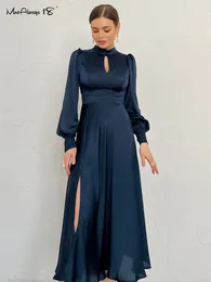 Casual Dresses Mnealways18 Elegant Evening Navy Hollow Out Woman Satin Midi Party Spring Lantern Sleeves Sliky Keyhole 230216