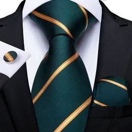 Bolo Ties Green Gold Striped Mens Silk 8cm Business Wedding Party Necktie Pocket Square Cufflinks Men Gift Gravatas DiBanGu 230216