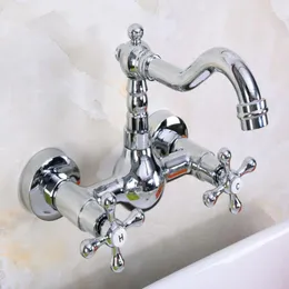 Rubinetti per lavabo da bagno Rubinetto per cucina a parete in ottone cromato Rubinetto per acqua fredda a doppia maniglia con beccuccio girevole Knf968