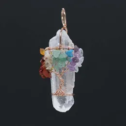 Pendant Necklaces Natural Titanium Coated Crystal Quartz Stone Wire Wrapped Tree Of Life 7 Chakra Points Irregular Shape JewelryPendant