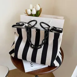 Shoulder Bags Black And White Stripes Canvas Shoulder Bag For Women Tote Designer Female Bags New Fashion Handbags 2022 Trend Big Bag 0216/23