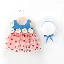 Vestidos de niña, ropa infantil, ropa de fiesta de verano, vestido sin mangas de flores para niñas con sombrero de paja, trajes informales de estilo suelto