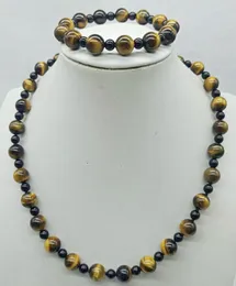 Naszyjne kolczyki Zagłębione 10 mm żółte oko tygrysa 6 mm czarne onyksowe agat okrągłe koraliki modne bransoletka 18/7,5 "Prezent biżuterii